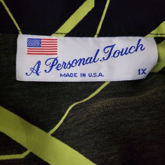 A Personal Touch Black with Chartreuse Printed Button Blouse womens 1X Comfy - Picture 7 of 8